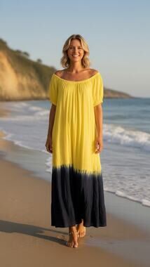 SALTY WAVES Off-Shoulder Dip Dye Rayon Maxi Dress Navy Blue Yellow "Free Size"